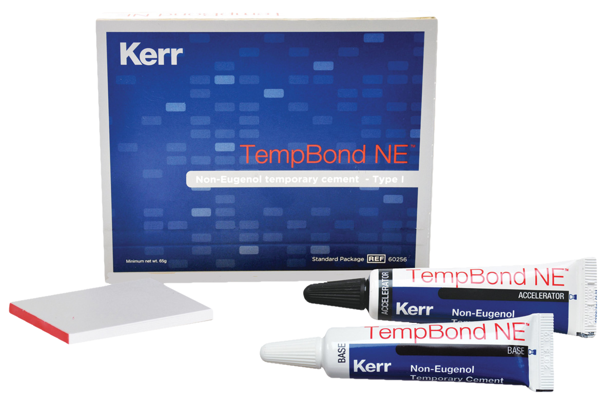 Kerr Temp-Bond NE non-eugenol temporary cement tube kit with box, base and accelerator tubes and mixing pad