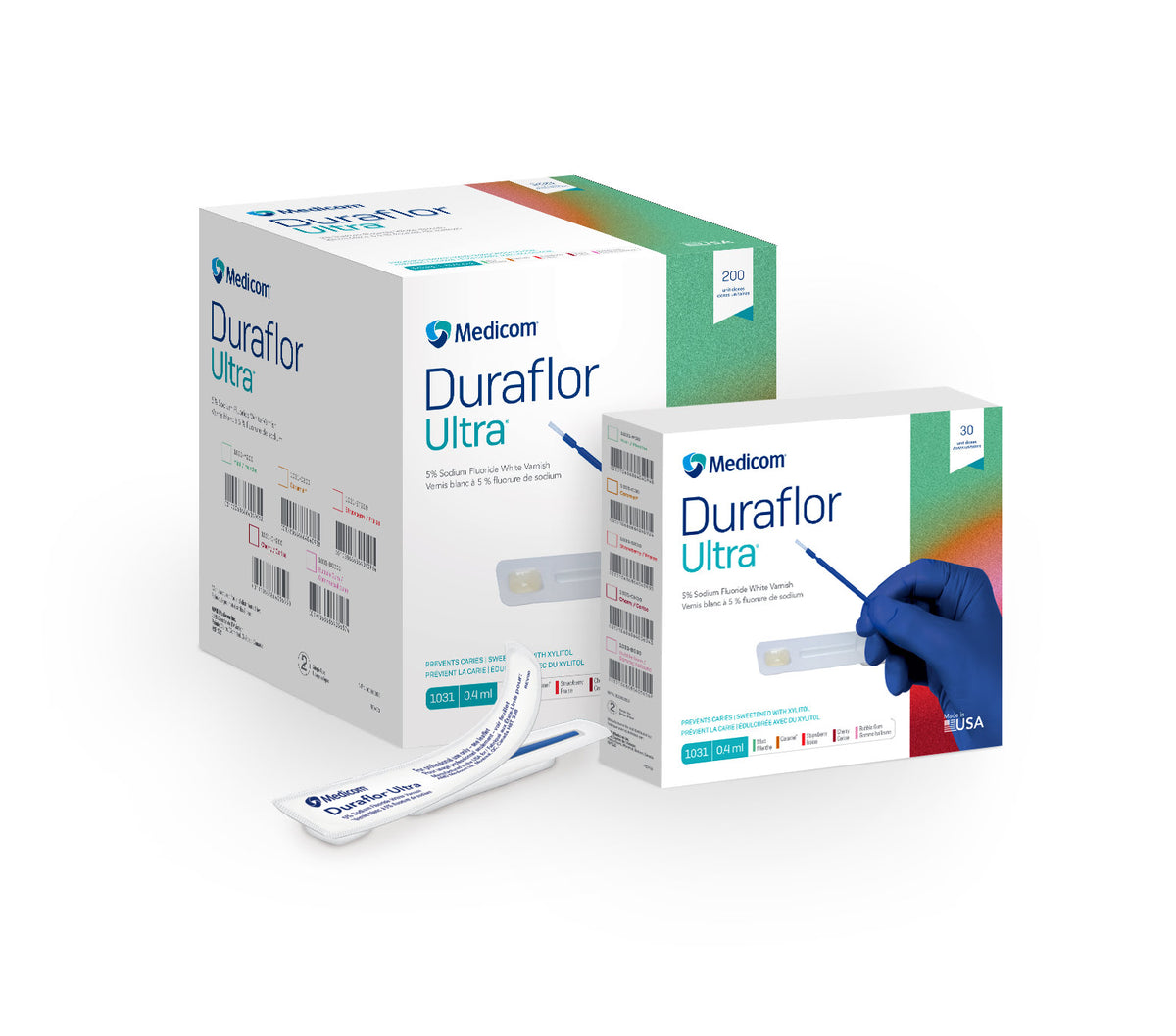 Medicom Duraflor Ultra 5% sodium fluoride white varnish, 30 and 200 unit dose boxes with a tray
