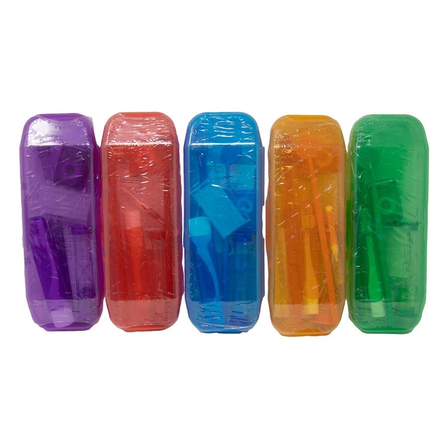 Orthodontic patient kits in assorted colour plastic cases