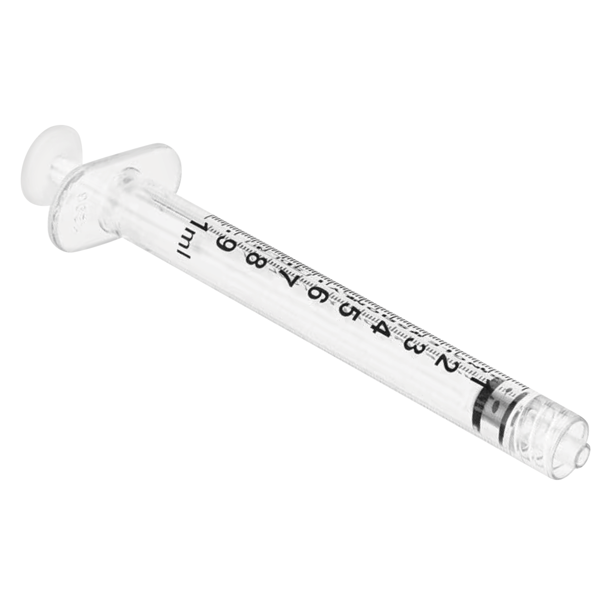 1 cc calibrated luer lock plastic syringe with printed 0.1 to 1 mL scale