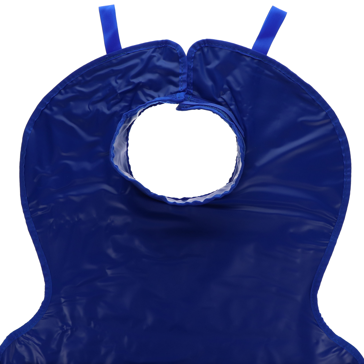 Blue lead apron with collar, side view