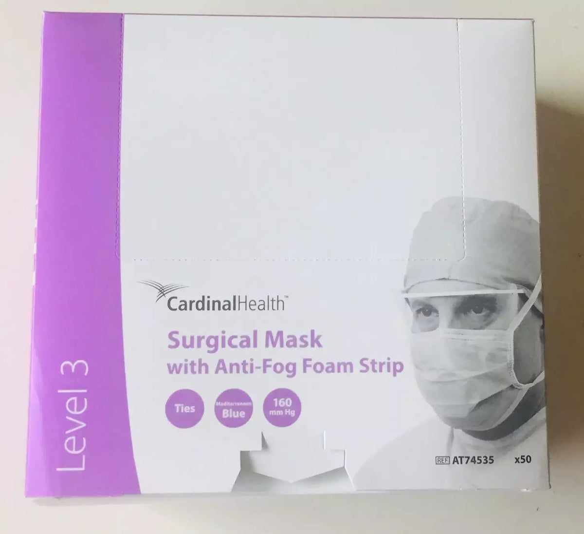 Cardinal Health Level 3 surgical mask with anti-fog foam strip, box front showing AT74535, 50 per box