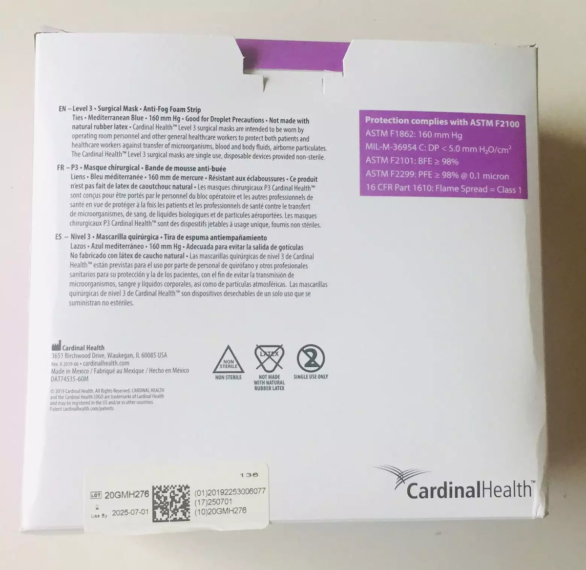 Back of the Cardinal Health AT74535 surgical mask box with ASTM Level 3 specifications