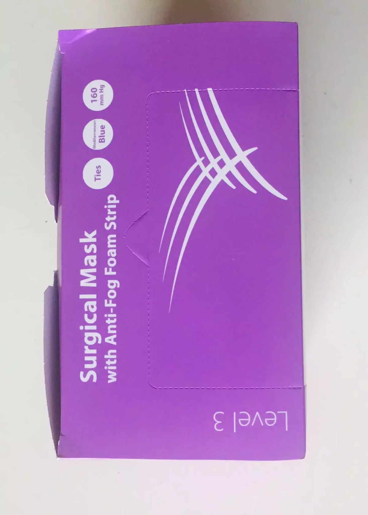 Top of the Cardinal Health Level 3 surgical mask box with anti-fog foam strip