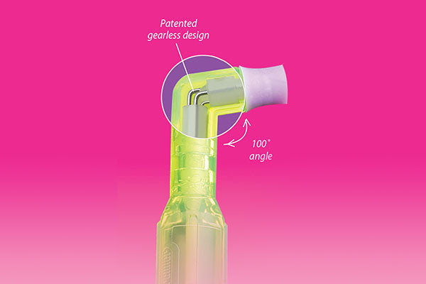 2pro prophy angle showing the patented gearless design and 100 degree angle