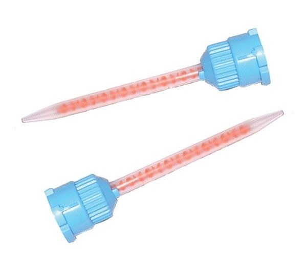 T-style mixing tip for crown and bridge material with blue hub and orange mixer
