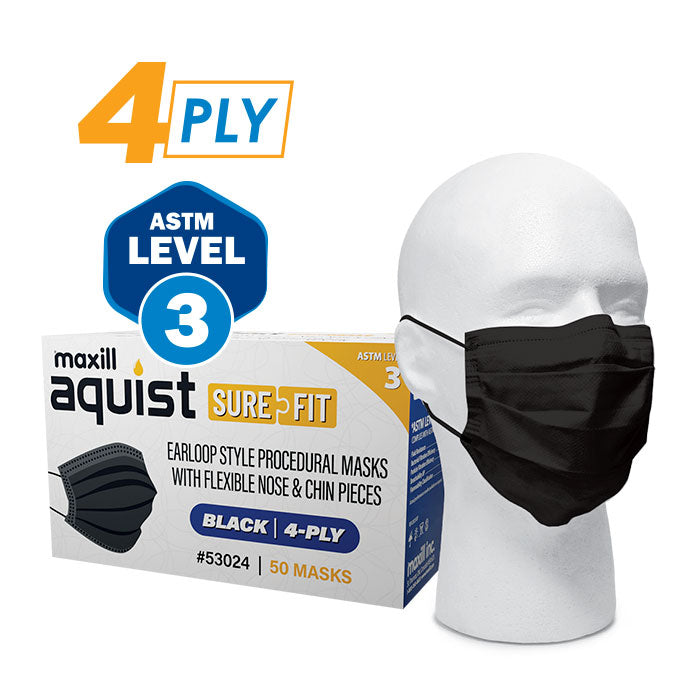 maxill aquist SureFit black earloop procedural mask box and mask