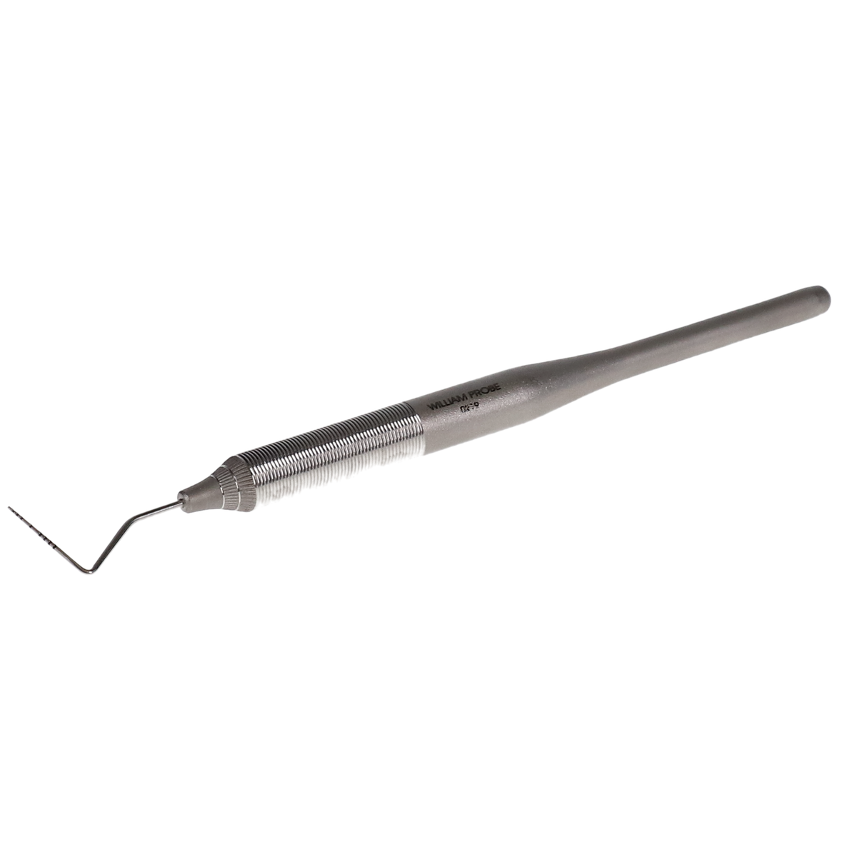 Williams single-ended periodontal probe with standard handle, angled view