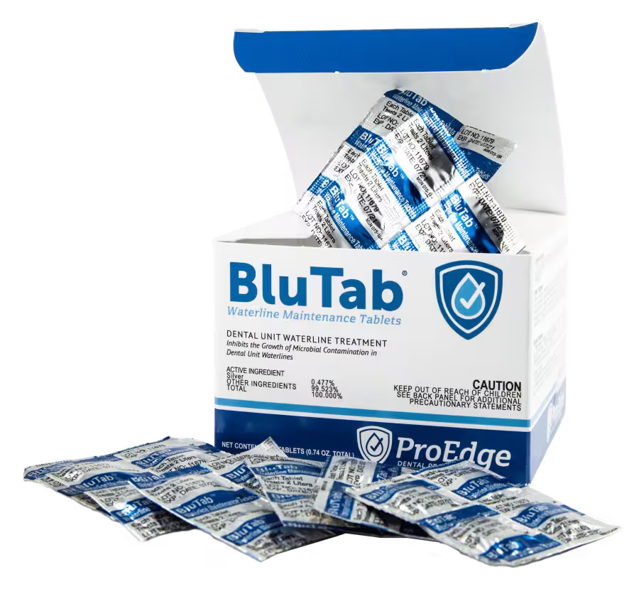 ProEdge BluTab waterline maintenance tablets box and packets (current packaging)