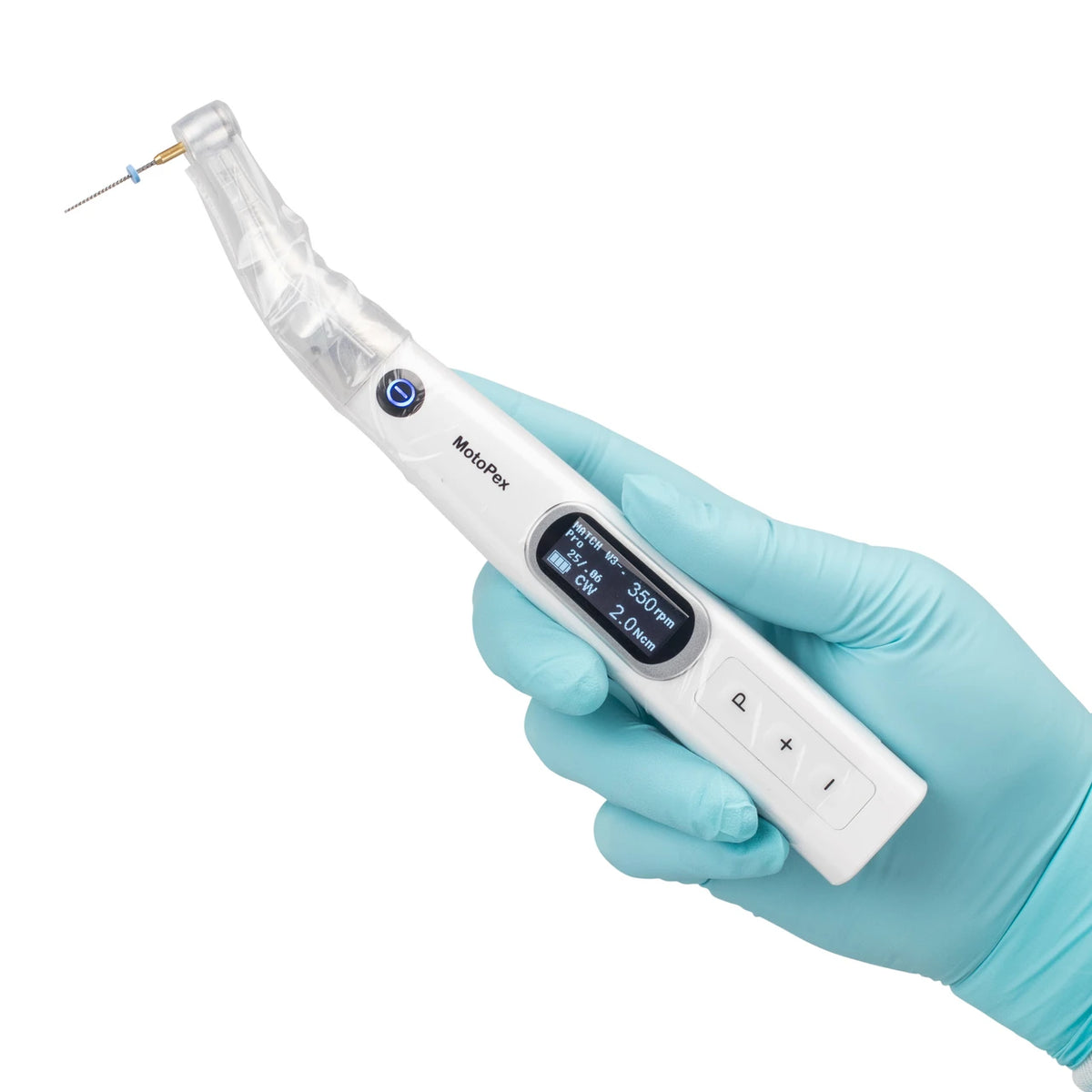 Woodpecker MotoPex endo motor held in a gloved hand with a protective sleeve