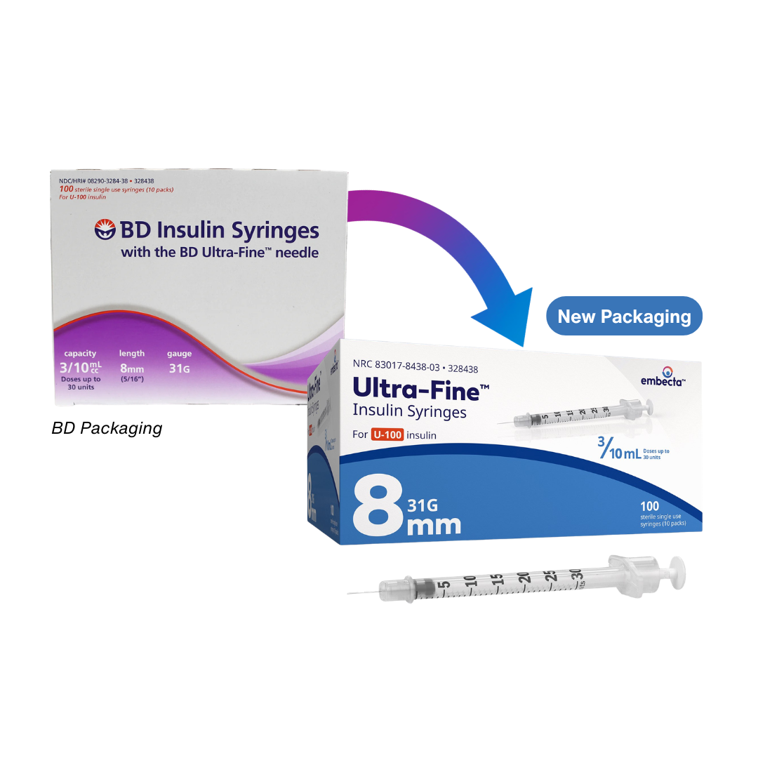 BD Ultra-Fine insulin syringes 0.3 mL, 31G x 8 mm, box of 100 (catalog 328438)