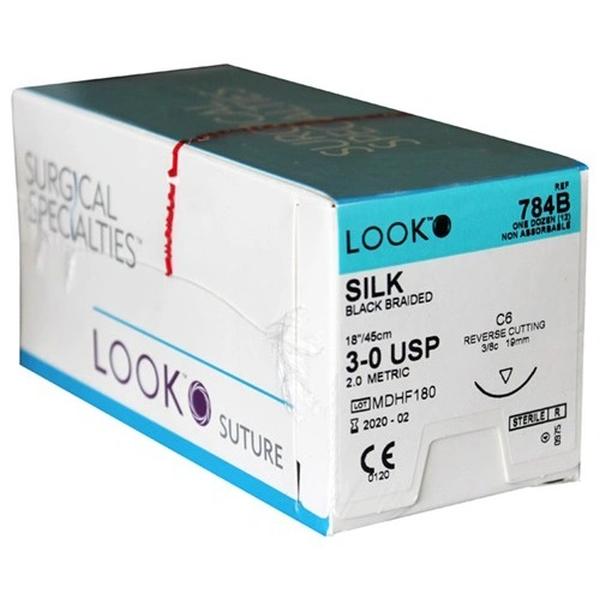 Look 784B black silk suture 3-0, 18 inch, C6 needle, box