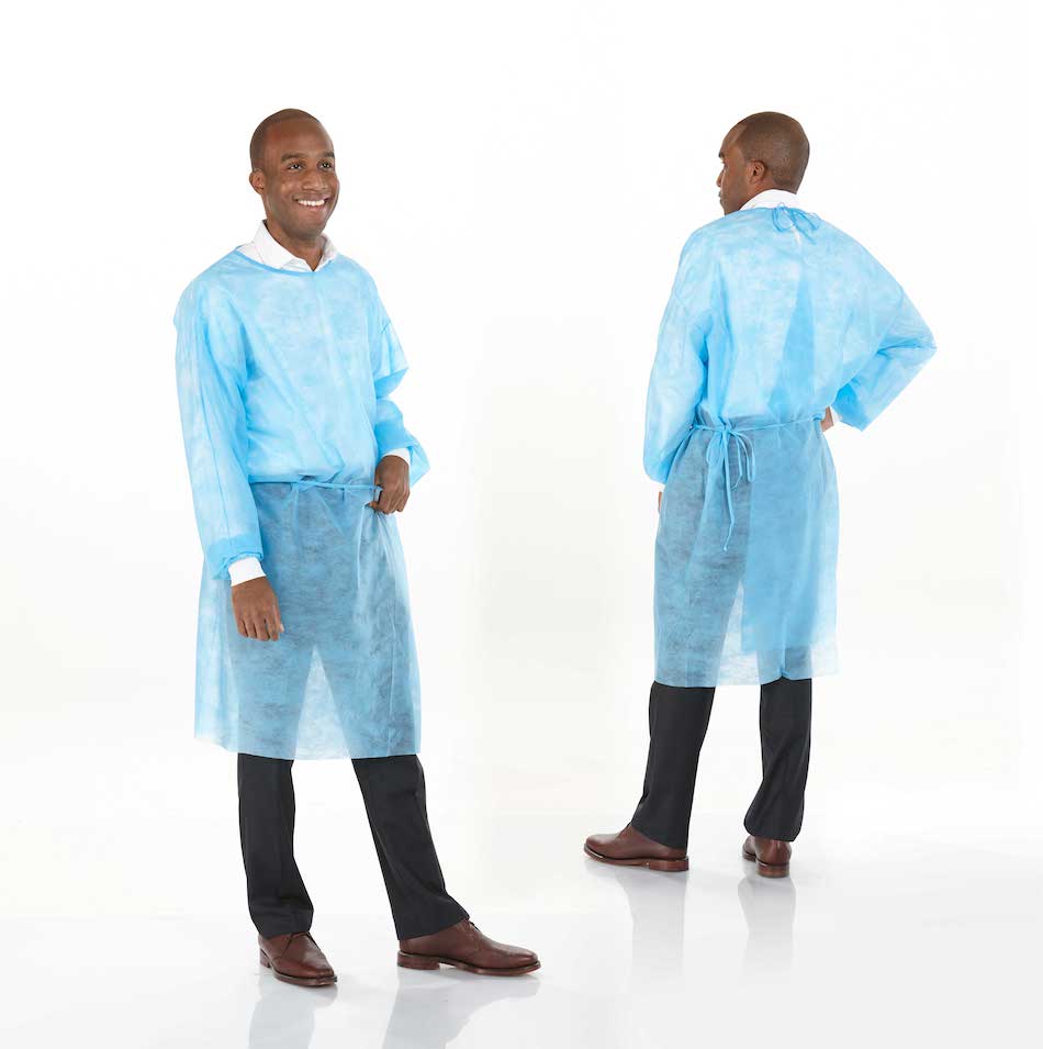 Medicom SafeWear Form-Fit isolation gown shown front and back in blue (item 8114)