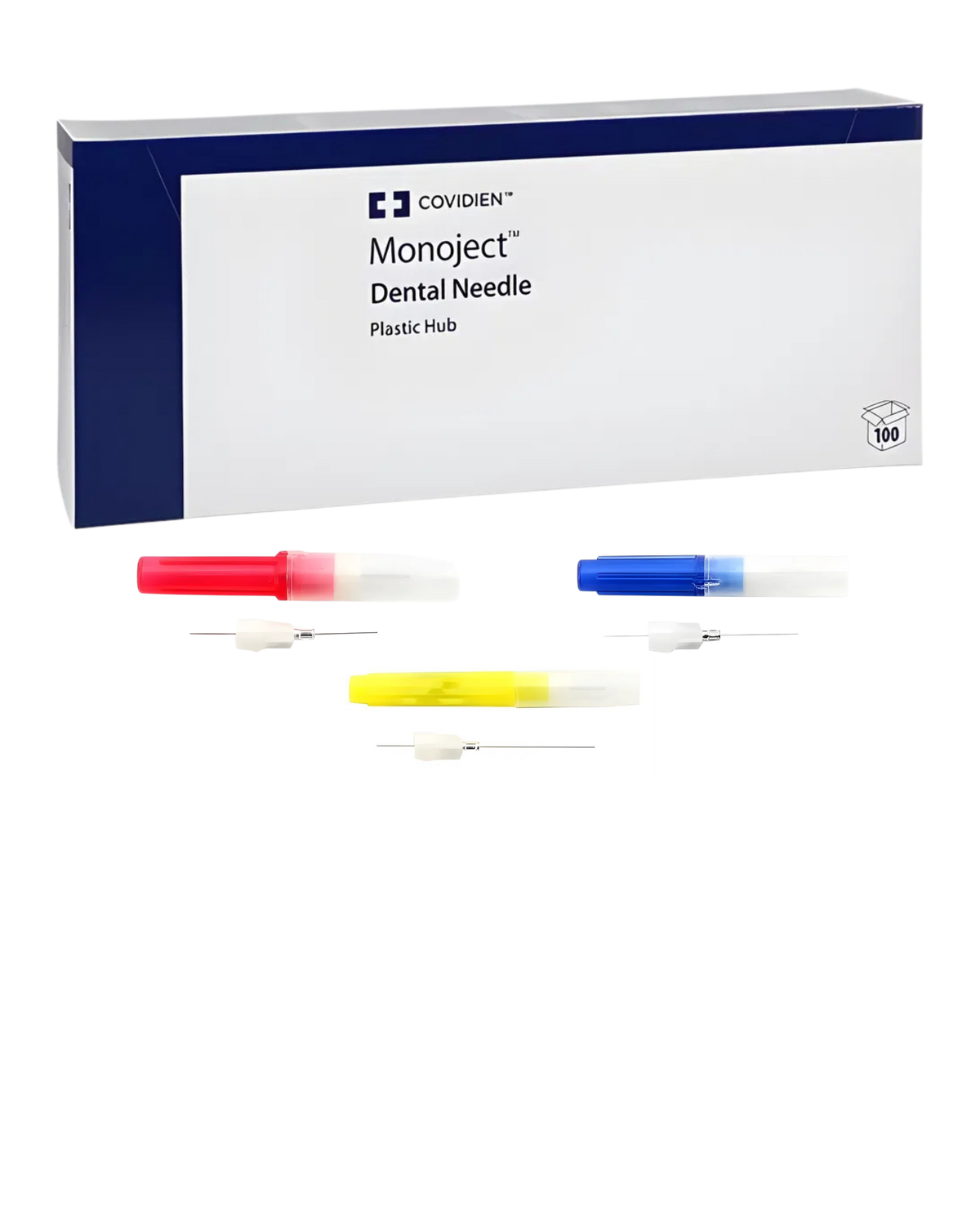 Monoject 400 plastic hub dental needle box with red, blue and yellow needles