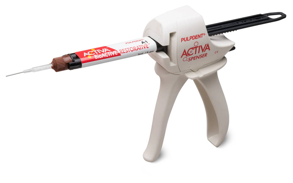Pulpdent Activa BioACTIVE-Restorative syringe in dispenser