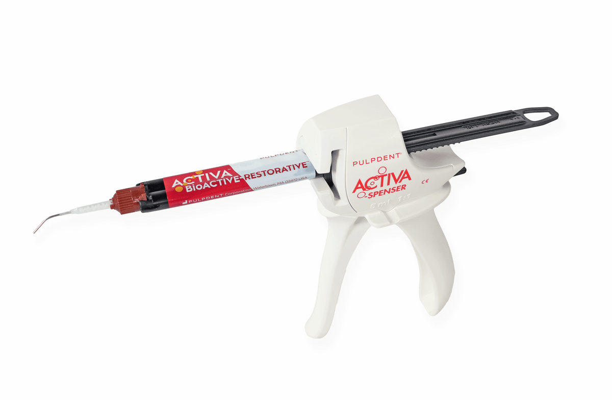 Pulpdent Activa BioACTIVE-Restorative automix syringe in dispenser