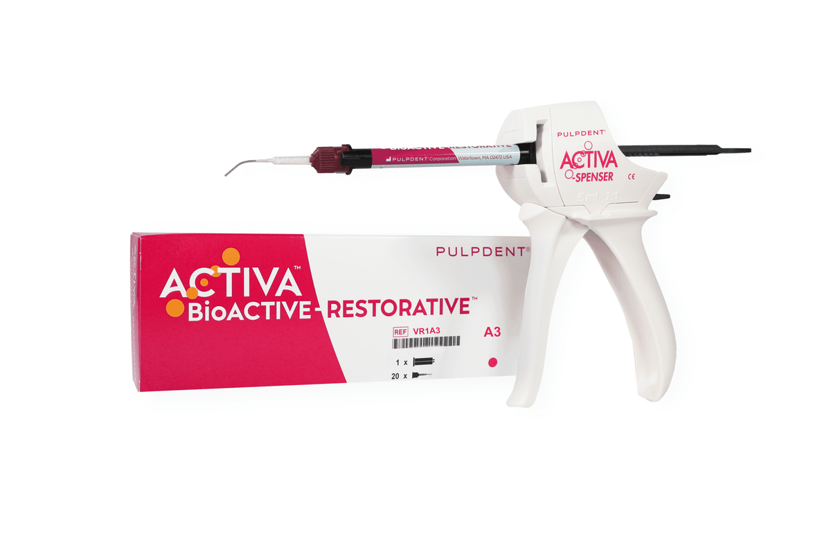 Pulpdent Activa BioACTIVE-Restorative kit box and dispenser