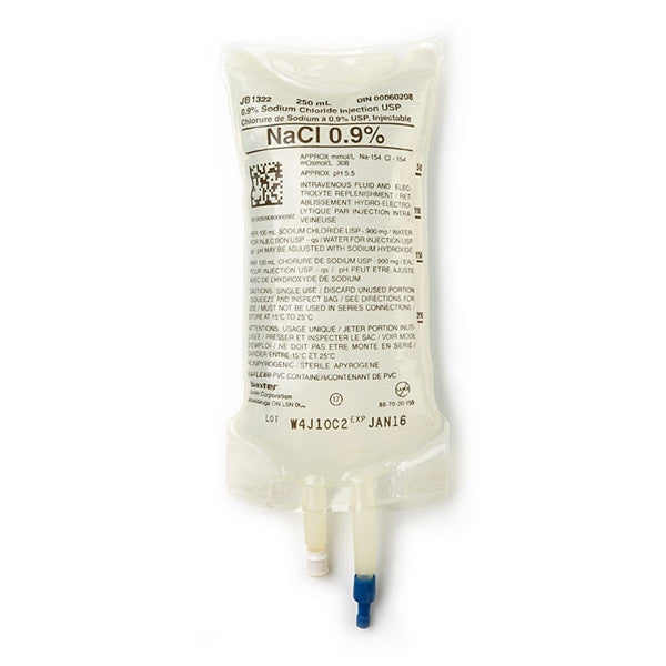 Baxter 0.9% sodium chloride injection USP Viaflex bag, 250 mL, catalog JB1322