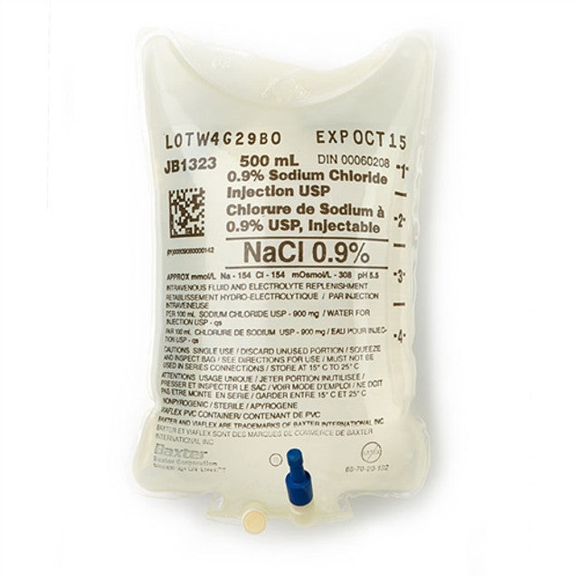 Baxter 0.9% sodium chloride injection USP Viaflex bag, 500 mL, catalog JB1323