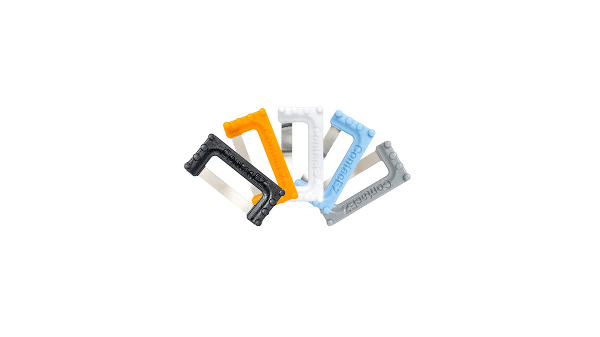ContacEZ restorative strips fanned out in black, orange, white, blue and grey