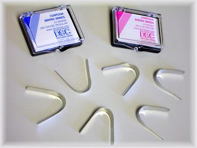 DSC contour matrix bands in .002 regular (blue) and .0015 ultra thin (pink) boxes with loose bands
