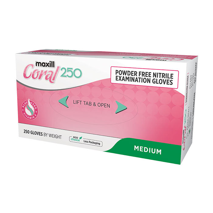 maxill Coral 250 Powder Free Nitrile, 250 gloves per box - Medium