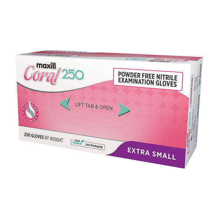 maxill Coral 250 Powder Free Nitrile, 250 gloves per box - Extra Small