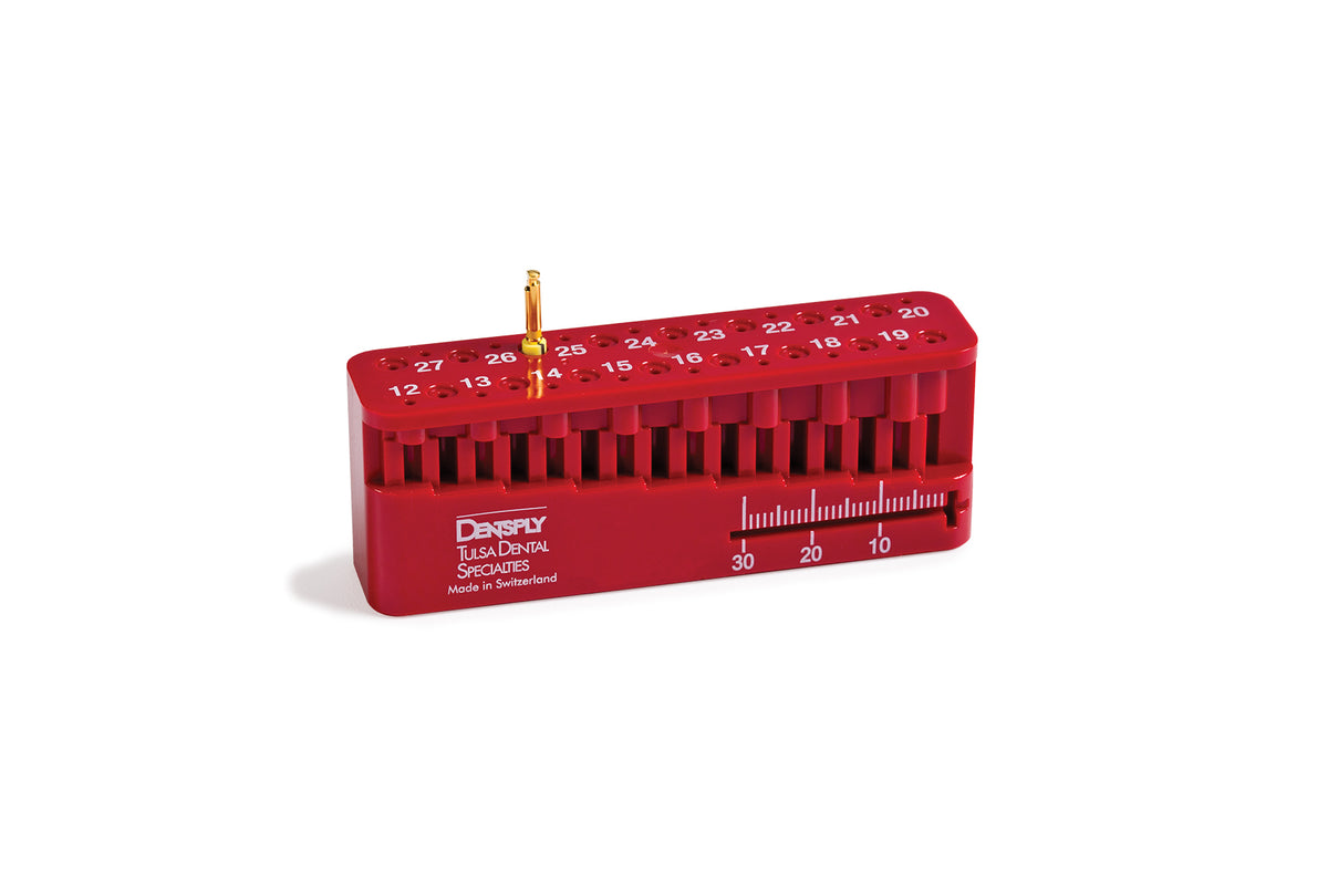 Dentsply Sirona Endo Measuring Block, red, with a file in one hole