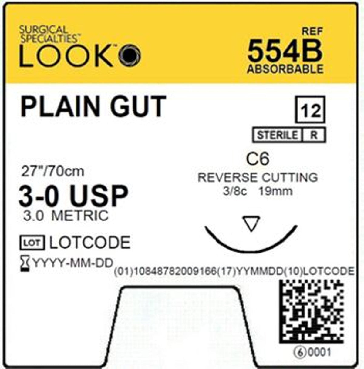 Look 554B plain gut suture 3-0, 27 inch, C6 needle, box label