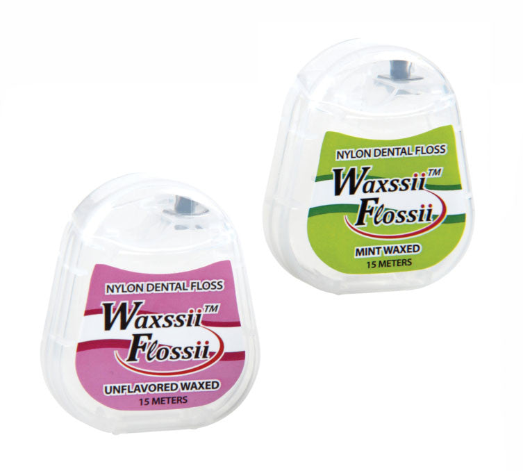 Plasdent Waxssii Flossii waxed nylon patient floss, mint pack shown with the unflavored pack