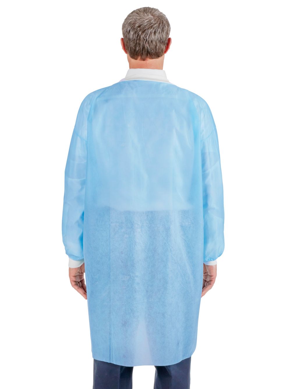 Back view of the Uline blue knit cuff lab coat