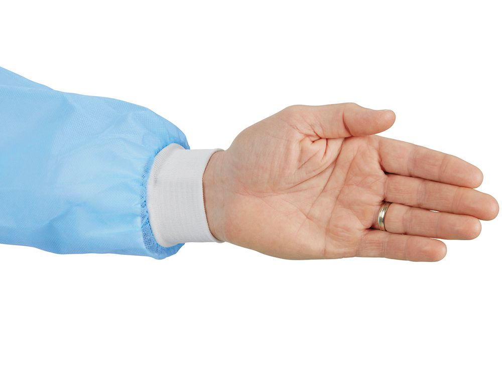 Close-up of the knit cuff on the Uline blue lab coat