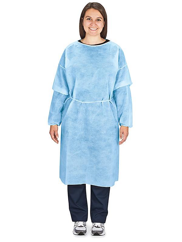 Blue disposable isolation gown, front view on a model with waist ties