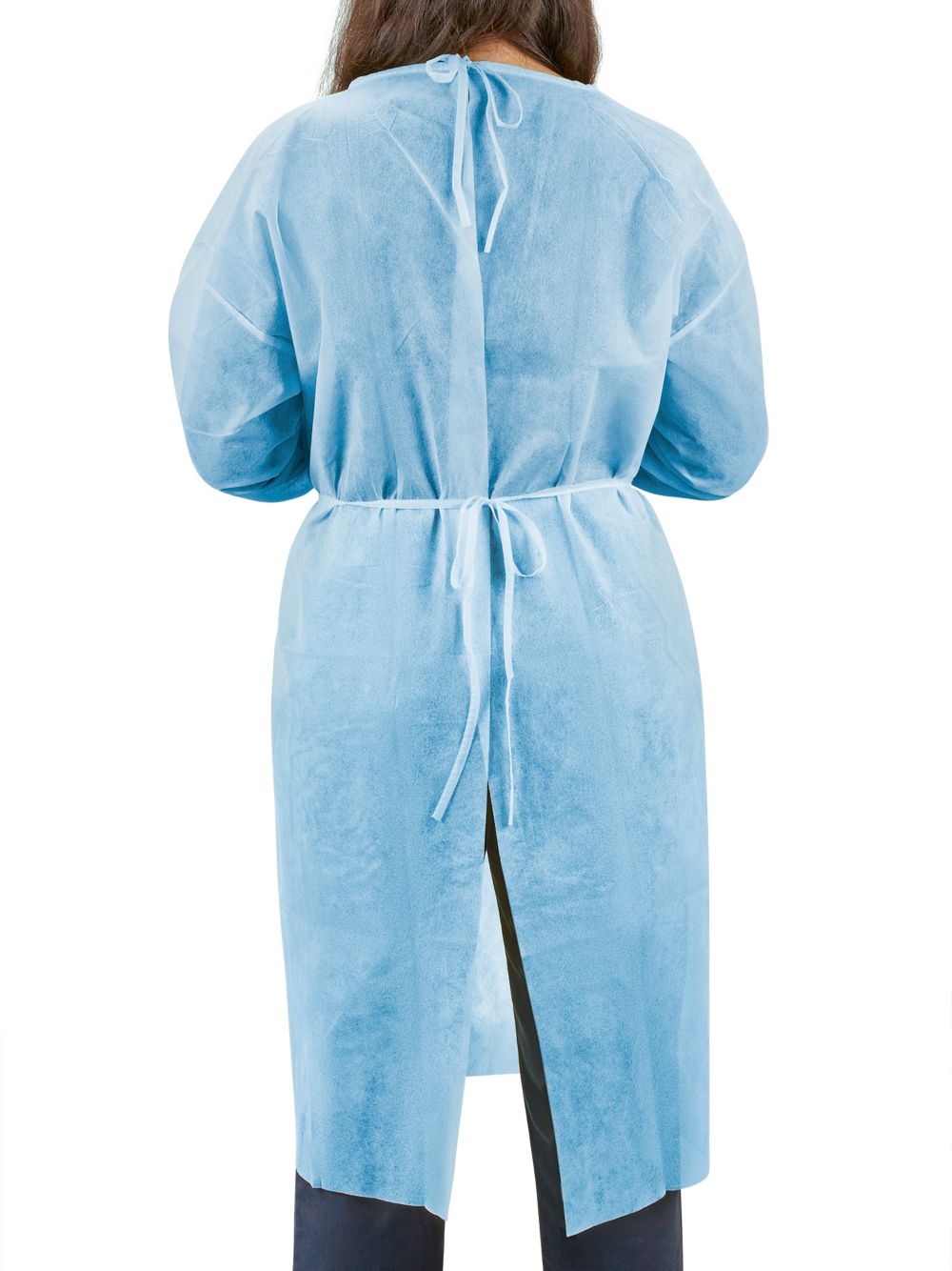 Back view of the Uline blue isolation gown showing the neck and waist ties