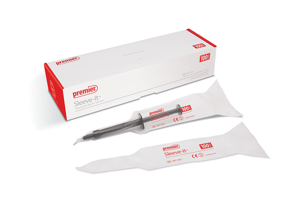 Premier Sleeve-It 100 Series barrier sleeve box with a sleeved syringe
