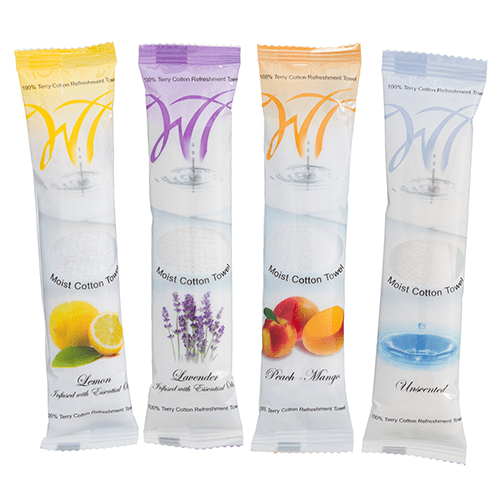 White Towel Services refreshment towels in lemon, lavender, peach-mango and unscented wrappers
