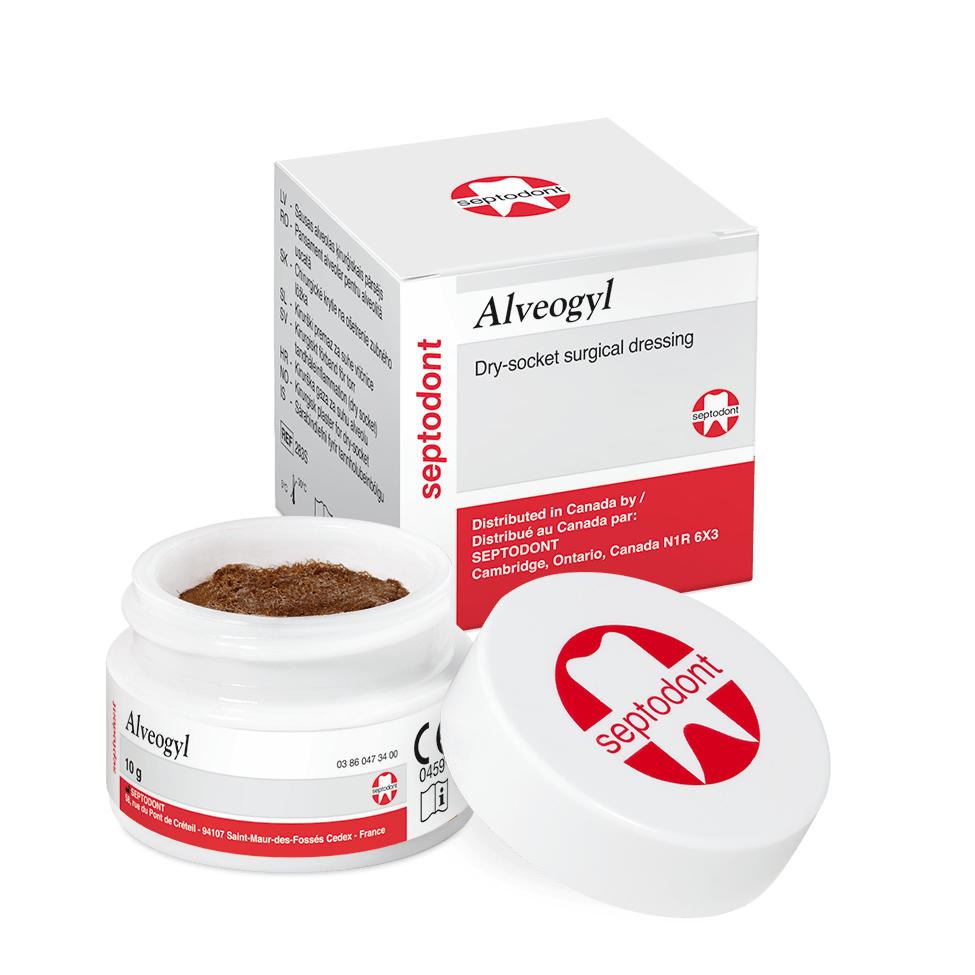 Septodont Alveogyl dry socket dressing carton and open 10 g jar