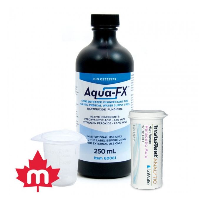 Aqua-FX Waterline Disinfectant, 1 x 250 mL concentrate | 1 x measuring beaker | 1 x test strips per kit