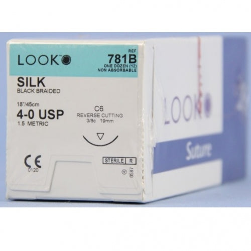 Look 781B black braided silk suture 4-0, 18 inch, C6 needle, box