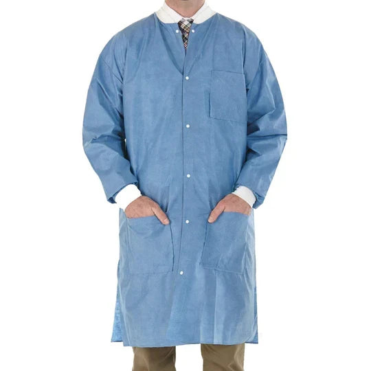 Protect Plus knee length disposable lab coat, blue, front view