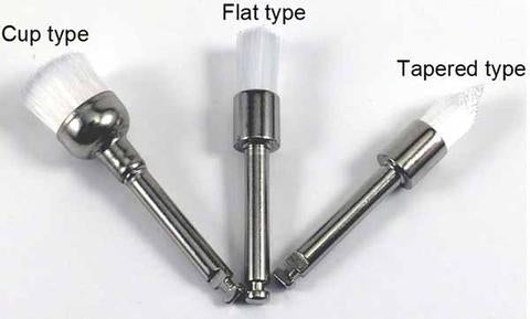 DuoDent latch type prophy brushes in cup, flat and tapered shapes