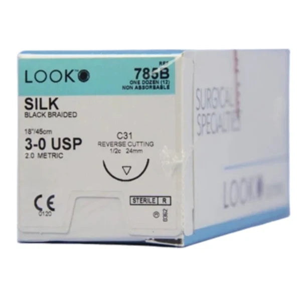 Look 785B black braided silk suture 3-0, 18 inch, C31 needle, box