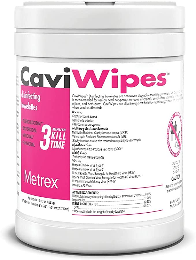 Metrex CaviWipes disinfecting wipes 160 count canister, front label