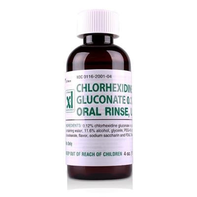 Bottle of 0.12% chlorhexidine gluconate oral rinse (small sample bottle shown)