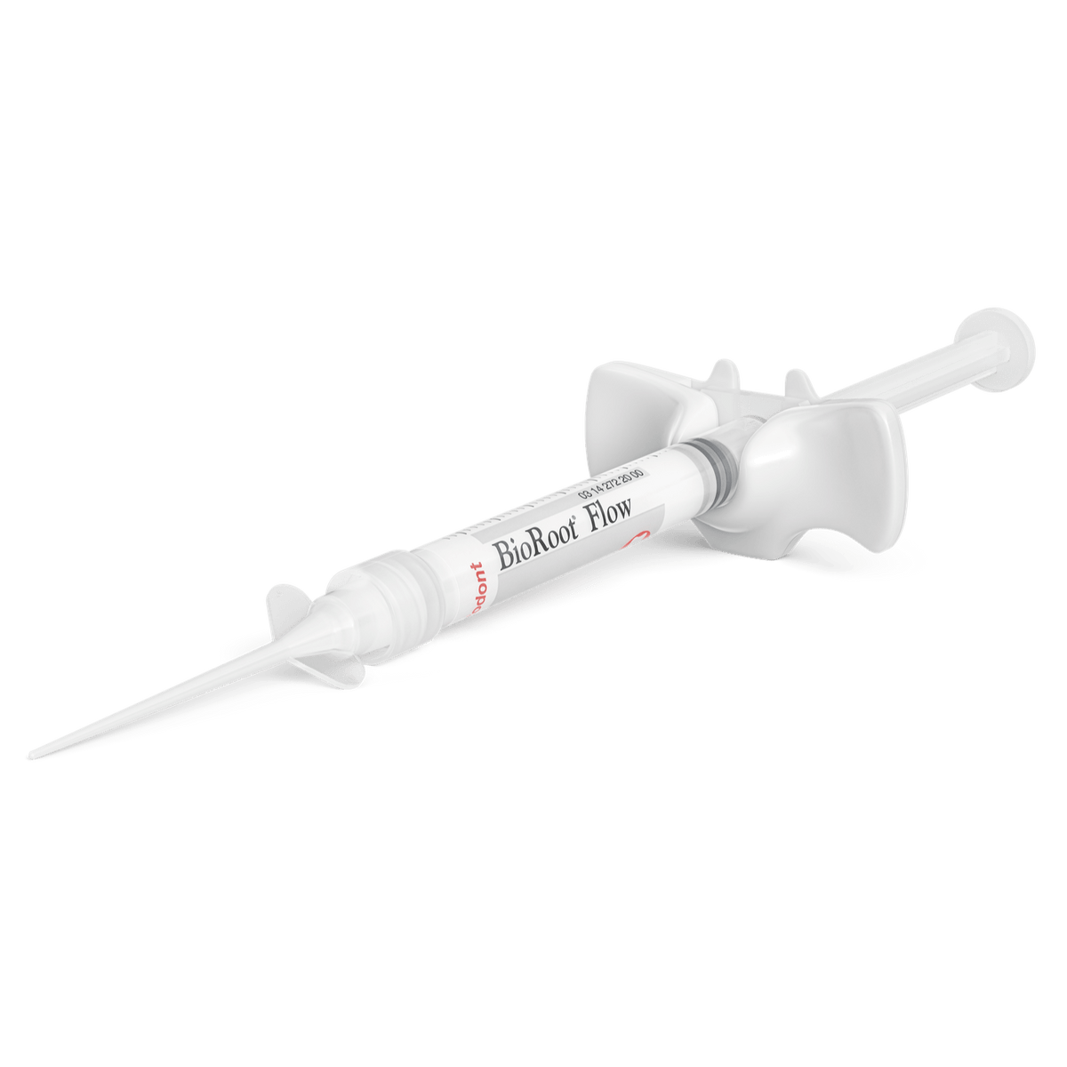 BioRoot Flow syringe with finger grip and tip attached