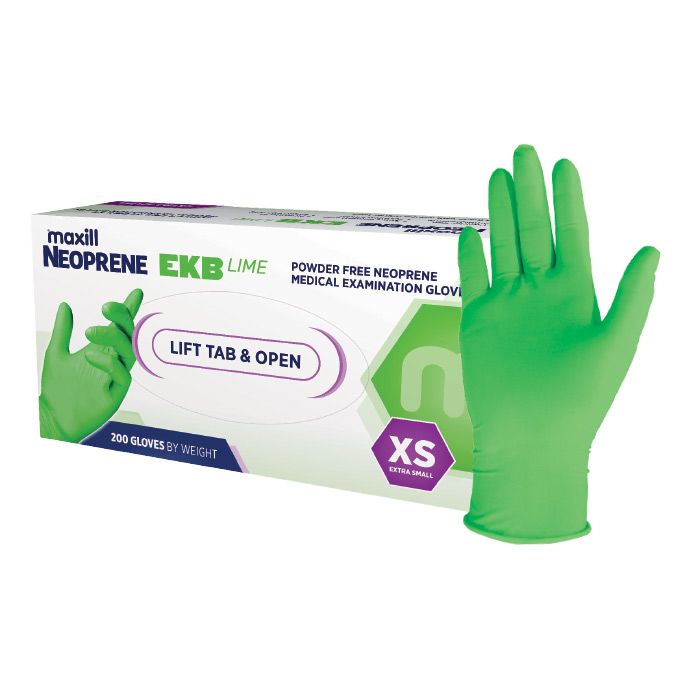 maxill Neoprene EKB Lime - Powder Free Neoprene, Extra Small - 200 gloves per box