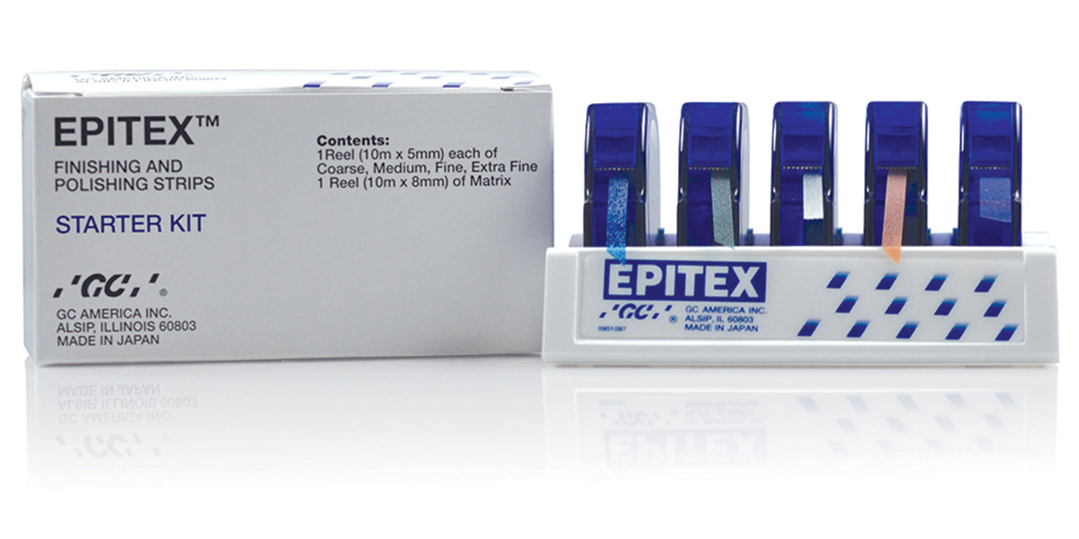 GC Epitex finishing and polishing strips starter kit with five colour-coded reels in a stand