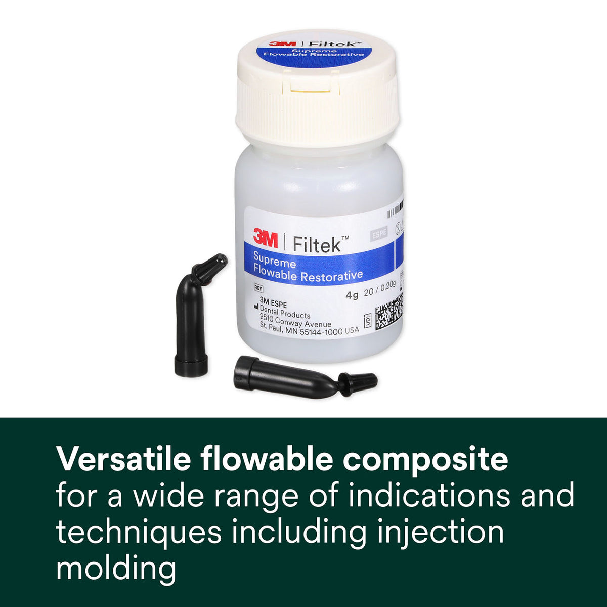 Filtek Supreme Flowable capsule jar with capsule and tip