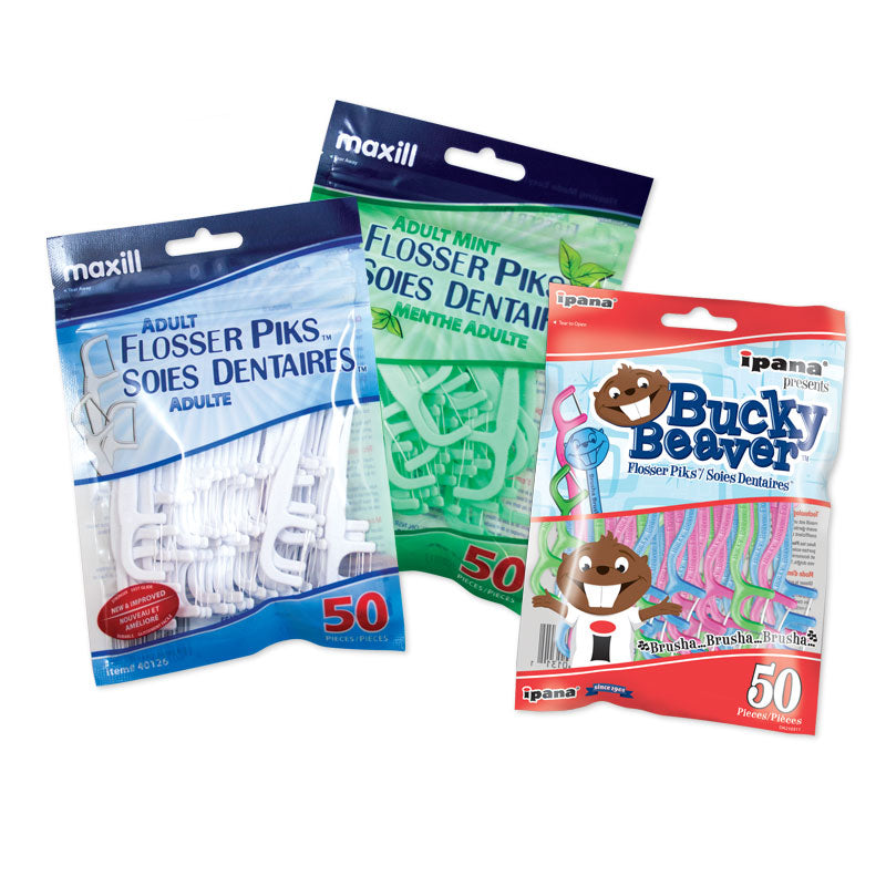maxill Flosser Piks range: adult, adult mint and Bucky Beaver bags