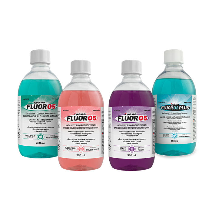 Fluoride rinse trial pack with four 350 mL bottles